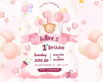 Editable 1st Birthday Invitation, Minimalist Digital Invite, Online RSVP Tracker (Instant Download)