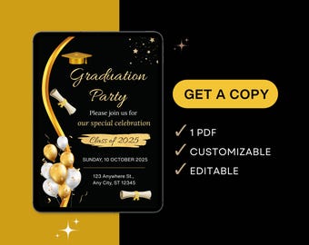 Black Graduation Party Invitation, Customizable Announcement Template, Simple and Elegant Graduation Invite