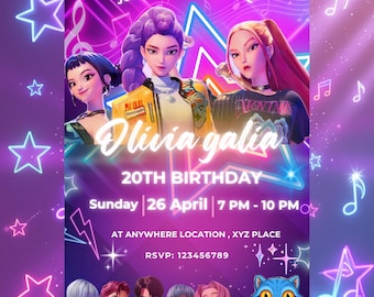 Invitación de cumpleaños de K-Pop Demon Hunter, plantilla de anime para Canva, invitación de fiesta de 5x7 (descarga digital)