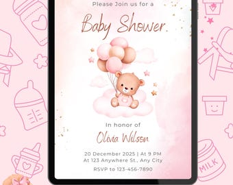 Starry Teddy Bear Baby Shower Invitation – Editable Printable Download