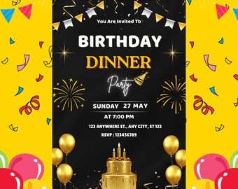 Plantilla elegante de invitación a cena de cumpleaños en negro y dorado, diseño formal editable en Canva, imprimible, descarga instantánea.