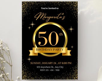 Luxury Black & Gold 50th Birthday Invitation Template, Editable Animated Canva,Instant Download