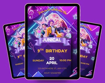KPOP Demon Hunters Birthday Invitation, Neon Music Party Invite (Digital PDF)