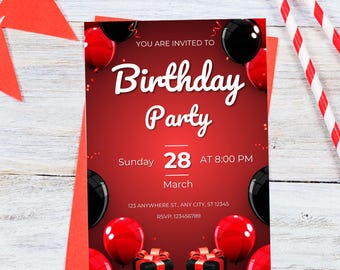 Elegant Black & Red Birthday Dinner Invitation Template, Formal Editable Canva Design, Instant Printable