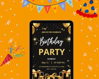 Plantilla elegante de invitación de cumpleaños en negro y dorado, invitación formal para celebración (descarga instantánea)
