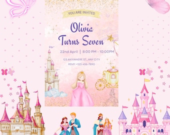 Invitación de cumpleaños de princesa, castillo de cuento de hadas en acuarela, invitación digital editable (5x7 pulgadas)
