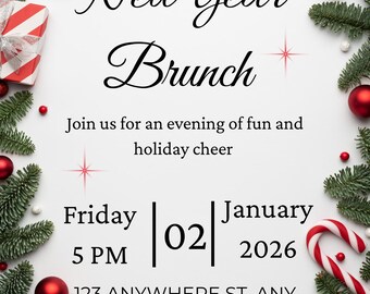 New Year Brunch Invitation Template - Editable, Printable Holiday Party Invite, Instant Digital Download