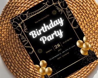 Plantilla elegante para invitación de cumpleaños, texto digital editable para invitaciones de fiesta en Canva.