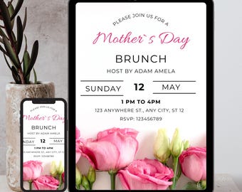 Editable Floral Mother's Day Brunch Invitation Template, Printable Instant Download, Canva Template