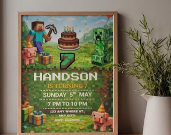 Plantilla de invitación de cumpleaños de Minecraft con bloques de píxeles, invitación para fiesta de gamers para niños, descarga editable en Canva.