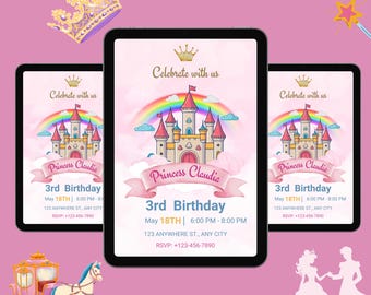 Plantilla de invitación de cumpleaños de princesa / Castillo con corona rosa y dorada (Descarga digital)