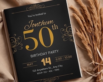 Invitación de lujo en negro y dorado para el 50 cumpleaños, plantilla editable de Canva, descarga digital instantánea.