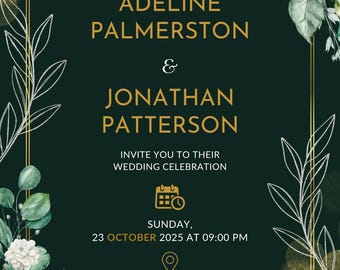 Conjunto de invitaciones de boda florales en verde esmeralda: diseño rústico bohemio (plantilla descargable en PDF)