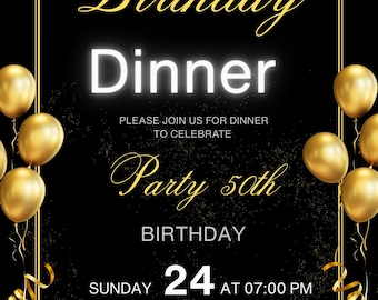Elegant Black and Gold Birthday Dinner Invitation: Diamond Glam Design (PDF Download)