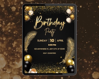 Plantilla de invitación de cumpleaños en negro y oro, invitación editable en Canva (imprimible digital)