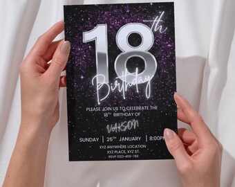 Animated Sweet 18 Birthday Invitation | Pink Silver Chrome Neon | Digital Evite | Canva Editable Template