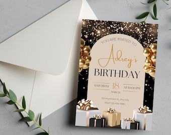 Elegant Black Gold Birthday Invitation Template, Formal Canva Design (Digital Download)