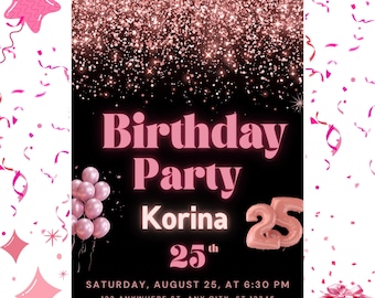 Let's Party Pink Glitter Balloons Birthday Invitation Template, Editable Digital Invite, Instant Download