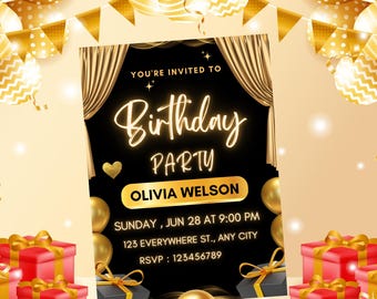 Birthday Party Invitation Template, Black & Gold Balloons, Modern Invite Editable, Printable, Instant Digital Download