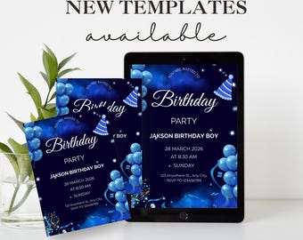Royal Blue Birthday Invitation, Elegant Balloon Party Invite (Digital Download)