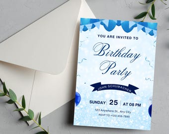 Blue Balloons Birthday Invitation for Men: Elegant Party Invite (PDF Download)