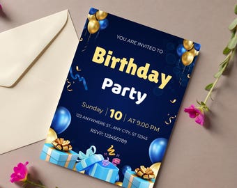 Elegant Navy Blue & Gold Glitter Birthday Party Invitation, Editable Digital Template, Instant Download, Printable