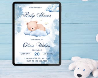 Cloudy Elephant Baby Shower Invitation: Blue Sky Hot Air Balloon Theme (PDF Download)