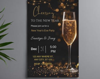 Editable New Year's Eve Invitation Template, Gold Confetti (Instant Download)