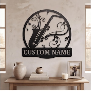 Decoración de pared metálica con forma de saxofón, letrero musical minimalista moderno, decoración personalizada para estudio de música, regalo único para músicos.