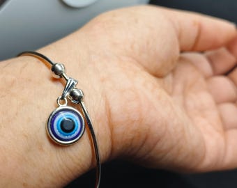 Evil Eye Silver Bangle Bracelet, Adjustable Open Kada, Blue Nazar Protection Jewellery,