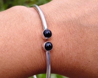 Black Onyx Bangle Adjustable , 925 Sterling Silver Boho Cuff Jewelry Birthday Gift