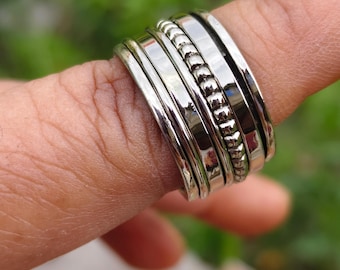 Handmade Sterling Silver Wide Band Spinner Ring: Boho Fidget Jewelry Twist Meditation Jewelry