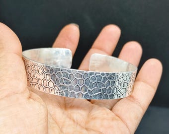 Handmade Sterling Silver Cuff Bracelet: Elegant Adjustable Wide Textured Bangle