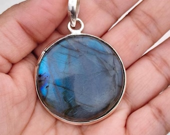 Round Labradorite Gemstone Pendant 925 Sterling Silver Anniversary Pendant