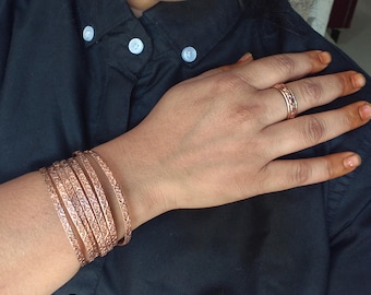 Set of 7 Handcrafted Copper Bangles and Ring, Boho Style Jewellery