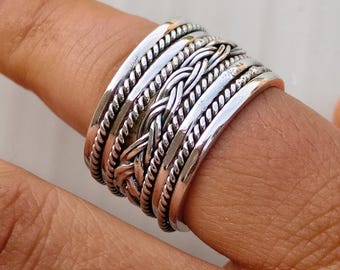 Handmade Sterling Silver Wide Band Spinner Ring: Boho Fidget Jewelry Twist Meditation Jewelry