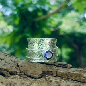 Handmade Blue Sapphire Spinner Ring: 925 Sterling Silver Boho Jewelry