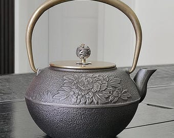 Embossed Peony Iron Kettle | Handmade Cast Iron Kettle | Cast Iron Water Kettle | Japanese Style Kettle | Open Flame Water Kettle