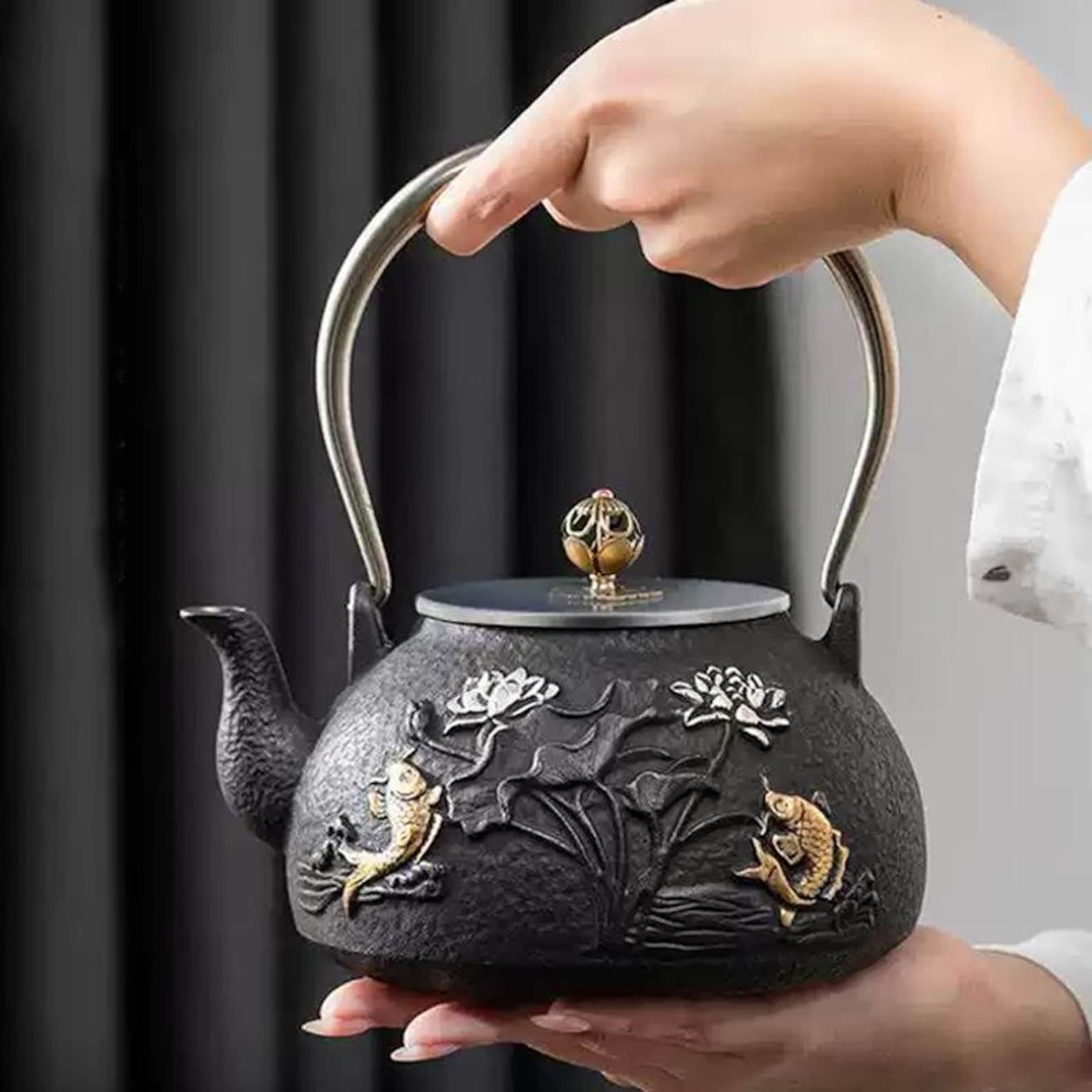 Embossed Goldfish Iron Kettle Fireplace Kettle Handmade Cast Iron