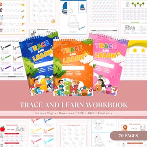 May include: A set of educational workbooks labelled "Trace and Learn", featuring colourful covers with illustrations of children and numbers. The workbooks are designed for tracing activities, including letters, numbers, and shapes. The image also includes tracing worksheets.