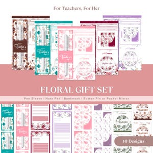 以下が含まれることがあります： ペンケース、メモ帳、ブックマーク、ボタンピン、ポケットミラーを備えたフローラルのギフトセット。 セットには、花柄と「Happy Teacher's Day」のテキストが特徴のさまざまなデザインが含まれています。 カラーパレットには、ピンク、紫、緑が含まれています。