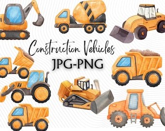 Clipart di costruzione per bambini (PNG): festa di costruzione, neonato, acquerello, escavatore, decorazioni per la cameretta dei bambini, clipart per festa di compleanno (download digitale)