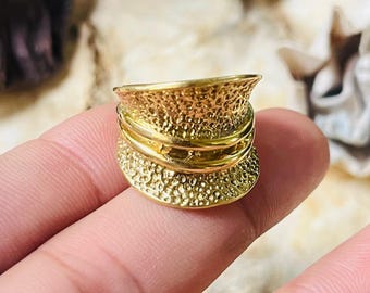 Hammered Textured Ring | Ethnic Gold Brass Ring | Tribal Wide Band Jewelry