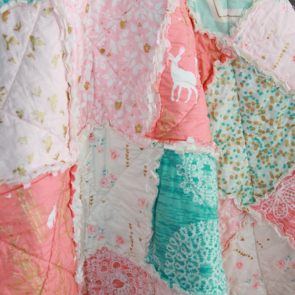 Crib Rag Quilt Baby Girl Crib Bedding Woodland Nursery Gold Coral Teal Nursery