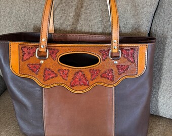 Two Tone Hand-tooled tote bag