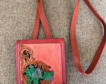 Hand-tooled floral Cross-body cell phone holder (Larger phone size)