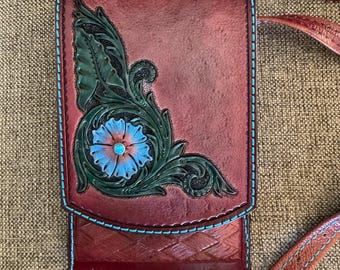 Blue Flower and Basketweave Crossbody Cellphone Holder (Small phone size)