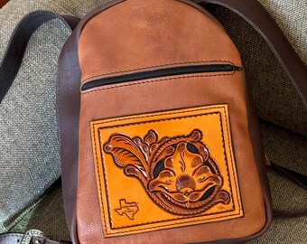 ON SALE! - Small Leather Backpack in Tan and Dark Hickory Brown