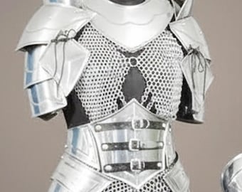 Female Knight Armor Costume, Steel Cuirass with Chainmail, Pauldrons & Greaves, Medieval LARP Cosplay Set