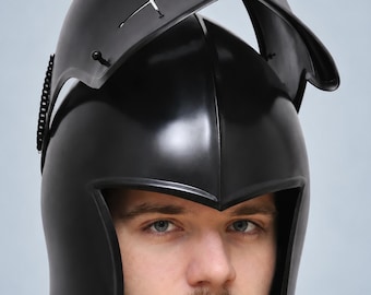 Men's Black Barbuta Warrior Visored Helmet: Medieval 18 Gauge Steel LARP, Cosplay Armour